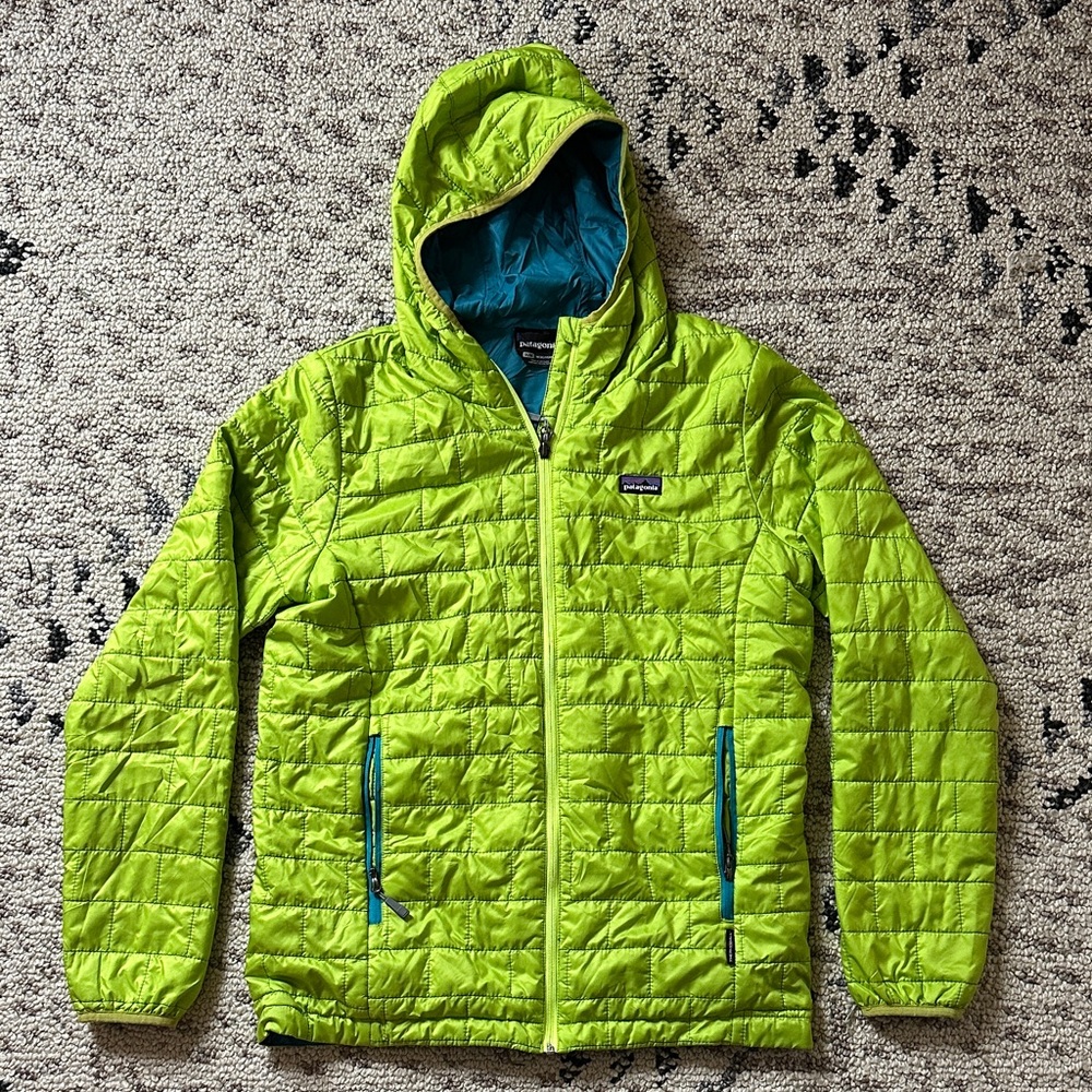 Patagonia Bright Green Quilted Jacket with Blue Trim